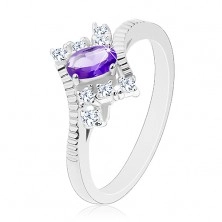 Třpytivý prsten ve stříbrném odstínu, fialový ovál, čiré zirkony
