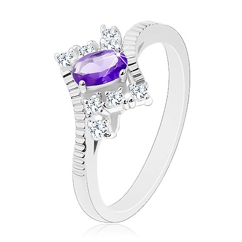 Třpytivý prsten ve stříbrném odstínu, fialový ovál, čiré zirkony - Velikost: 50