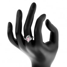 Prsten ve stříbrném odstínu se zahnutými rameny, růžovo-čiré zirkony