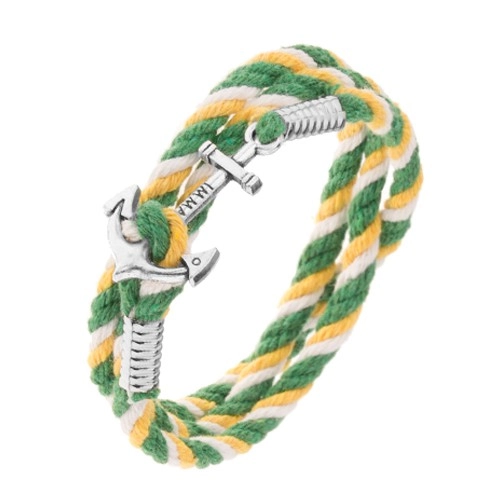 Levně Barevný náramek na ruku v zelené, žluté a bílé barvě, lesklá lodní kotva