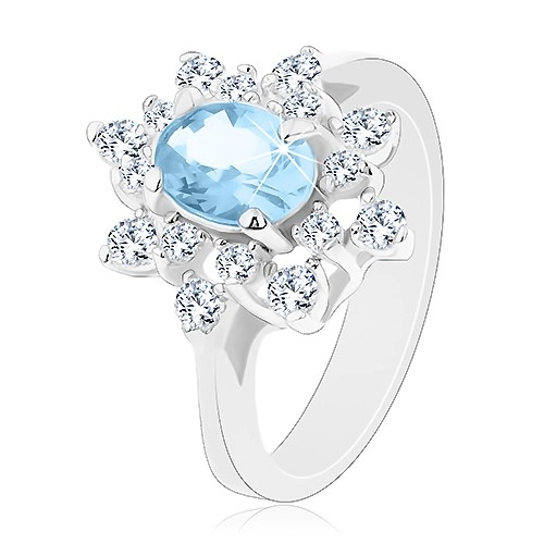 Prsten ve stříbrné barvě, světle modrý oválný zirkon, čiré zirkonové lupínky - Velikost: 48