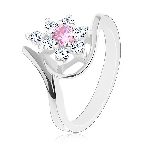 Lesklý prsten ve stříbrném odstínu, zahnutá ramena, růžovo-čirý kvítek - Velikost: 56