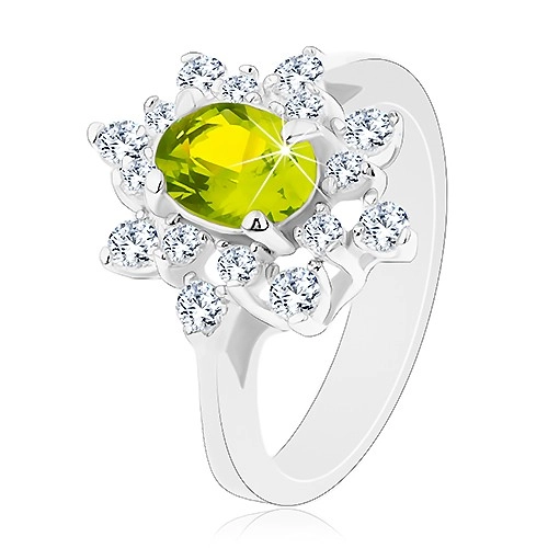 Prsten se stříbrným odstínem, blýskavý zeleno-čirý květ - Velikost: 52