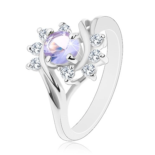 Blýskavý prsten ve stříbrném odstínu, světle fialový kulatý zirkon, obloučky - Velikost: 62