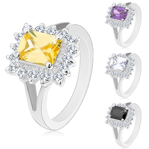Lesklý prsten se stříbrným odstínem, velký hranol, broušené zirkony - Velikost: 58, Barva: Žlutá