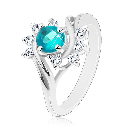 Lesklý prsten ve stříbrné barvě, modrý kulatý zirkon, čiré obloučky - Velikost: 60