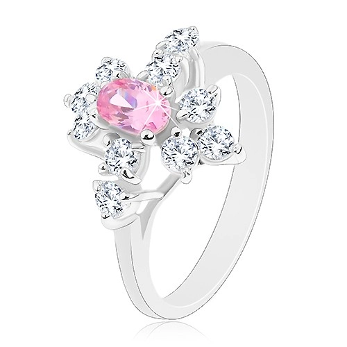 Třpytivý prsten ve stříbrné barvě, růžový ovál, čiré zirkonky - Velikost: 58