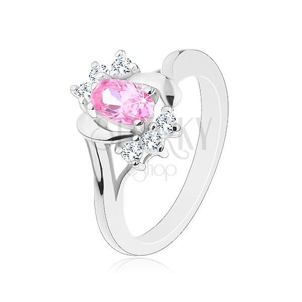 Prsten stříbrné barvy, velký růžový ovál, hladké a zirkonové oblouky