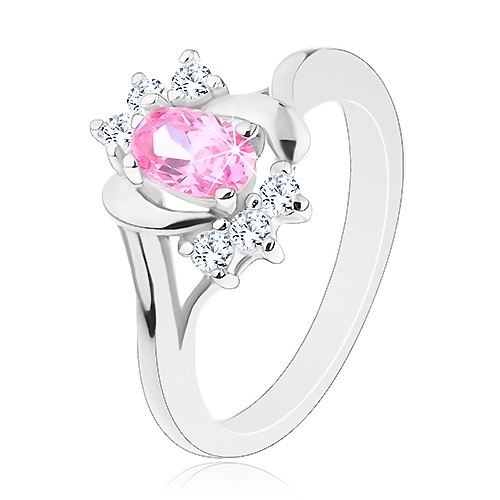 Prsten stříbrné barvy, velký růžový ovál, hladké a zirkonové oblouky - Velikost: 59