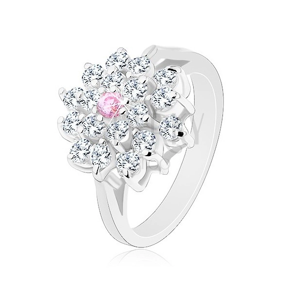Prsten s rozdělenými rameny, velký čirý květ s růžovým zirkonem uprostřed