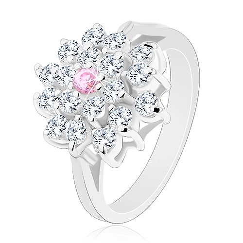 Prsten s rozdělenými rameny, velký čirý květ s růžovým zirkonem uprostřed - Velikost: 53
