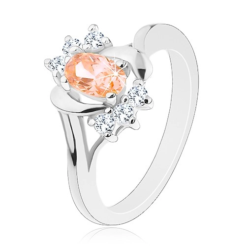 Prsten ve stříbrné barvě, světle oranžový broušený ovál, oblouky, čiré zirkonky - Velikost: 57