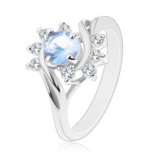 Prsten ve stříbrném odstínu, kulatý světle modrý zirkon, blýskavé čiré oblouky - Velikost: 52