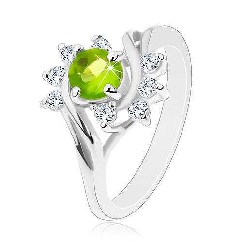 Lesklý prsten se stříbrnou barvou, oblouky z čirých zirkonů, světle zelený zirkon - Velikost: 53