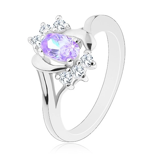 Prsten ve stříbrném odstínu, světle fialový ovál, lesklé obloučky, čiré zirkonky - Velikost: 59