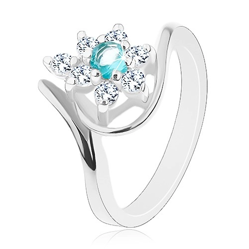 Prsten stříbrné barvy, zářivý čirý květ se světle modrým středem, oblouky - Velikost: 59