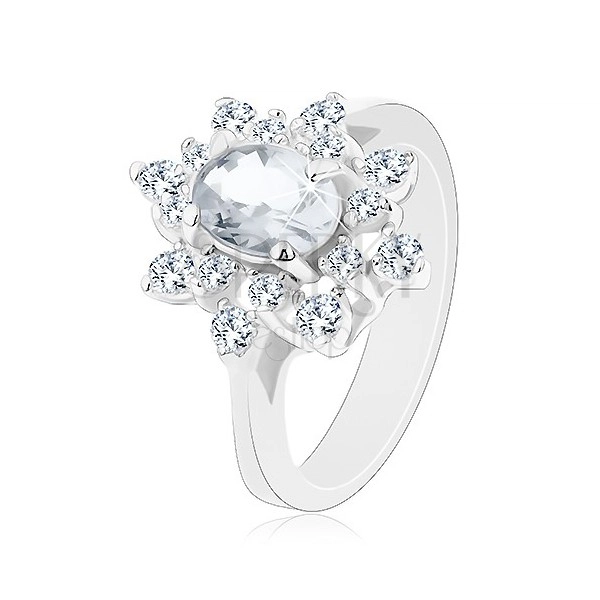 Třpytivý prsten se stříbrným odstínem, květ s čirými zirkony