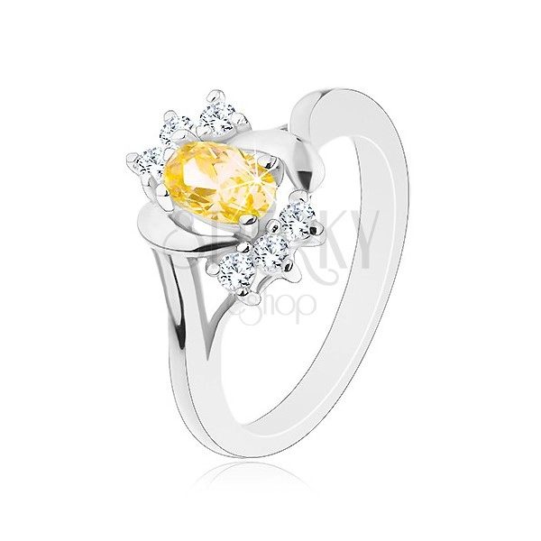 Lesklý prsten se žlutým oválným zirkonem, stříbrná barva, čiré zirkonky