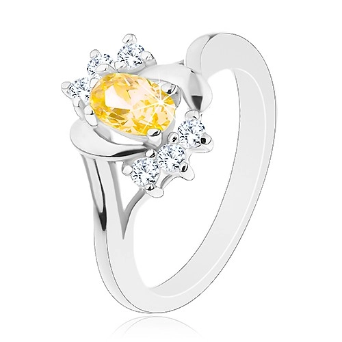 Lesklý prsten se žlutým oválným zirkonem, stříbrná barva, čiré zirkonky - Velikost: 51