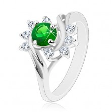 Třpytivý prsten ve stříbrném odstínu, zeleno-čiré zirkony, hladké oblouky