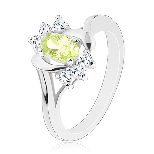 Prsten ve stříbrném odstínu, oválný světle zelený zirkon, oblouky, čiré zirkonky - Velikost: 57
