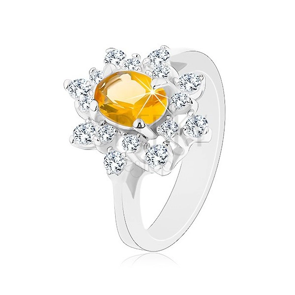 Prsten ve stříbrné barvě, blýskavý květ ze zirkonů žluté a čiré barvy