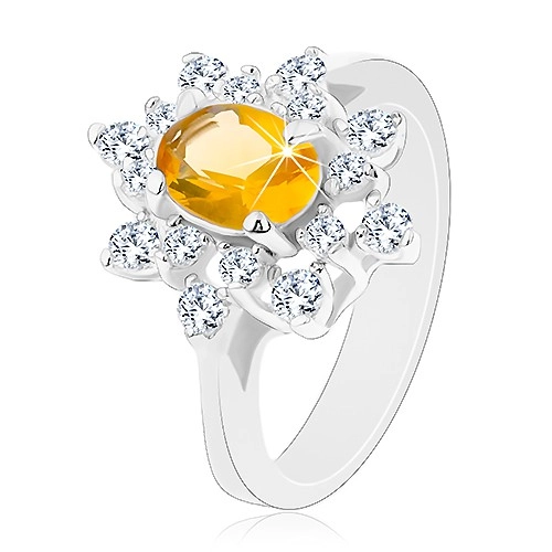 Prsten ve stříbrné barvě, blýskavý květ ze zirkonů žluté a čiré barvy - Velikost: 57