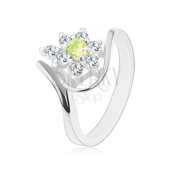 Lesklý prsten stříbrné barvy, zirkonový kvítek se žlutozeleným středem