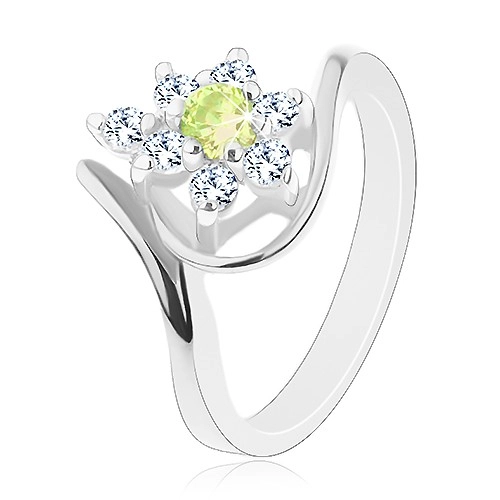 Lesklý prsten stříbrné barvy, zirkonový kvítek se žlutozeleným středem - Velikost: 56