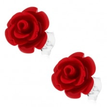 Náušnice s červenou rozkvetlou růží, stříbro 925, puzetové zapínání