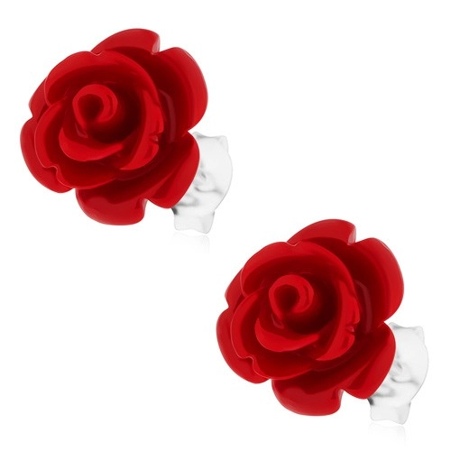 Levně Náušnice s červenou rozkvetlou růží, stříbro 925, puzetové zapínání