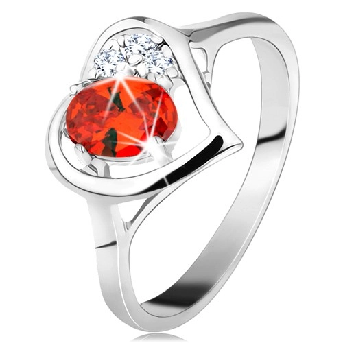Prsten ve stříbrné barvě, kontura srdce s oranžovým oválem a čirými zirkony - Velikost: 59
