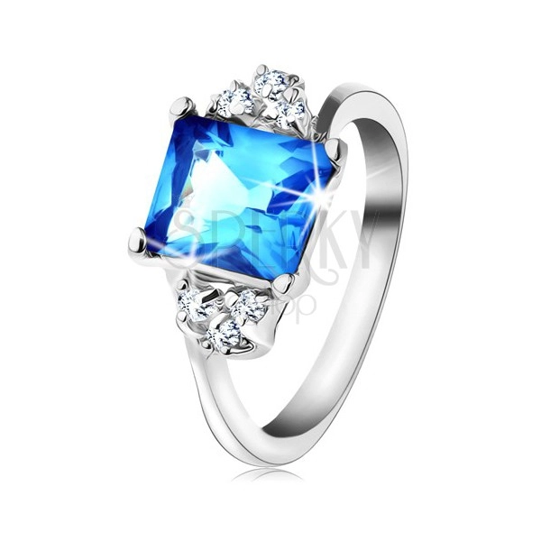 Prsten s lesklými rameny a obdélníkovým zirkonem světle modré barvy