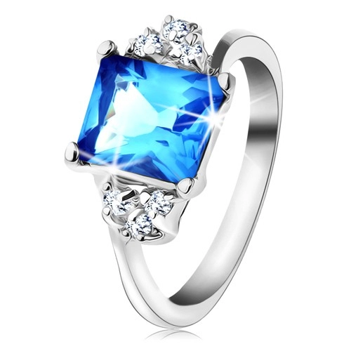 Prsten s lesklými rameny a obdélníkovým zirkonem světle modré barvy - Velikost: 52
