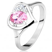 Prsten stříbrné barvy, obrys srdíčka s růžovým oválem a čirými zirkonky