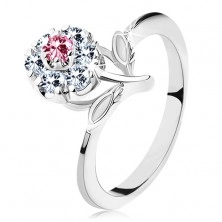 Lesklý prsten s růžovo-čirým zirkonovým kvítkem, stonek s lístky