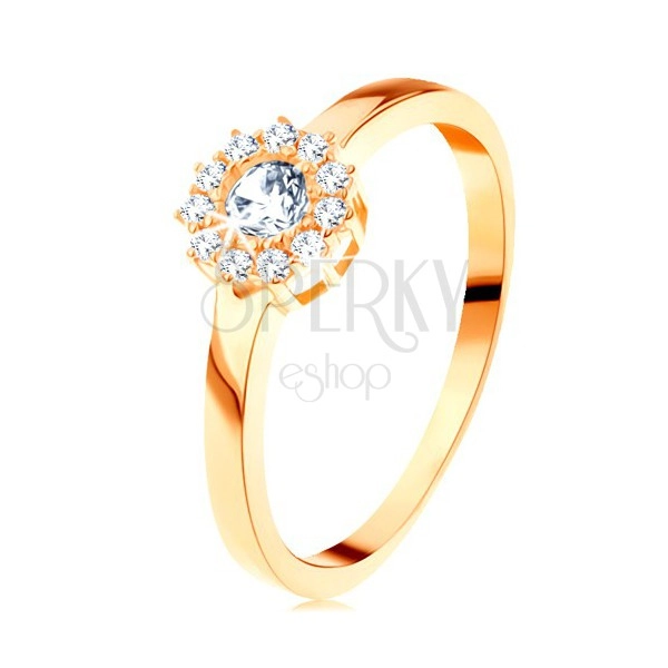 Prsten ze žlutého 14K zlata - třpytivý květ z kulatých čirých zirkonů