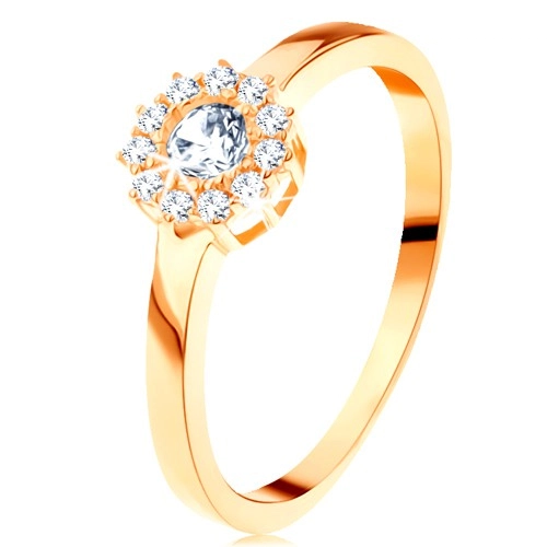 Prsten ze žlutého 14K zlata - třpytivý květ z kulatých čirých zirkonů - Velikost: 50