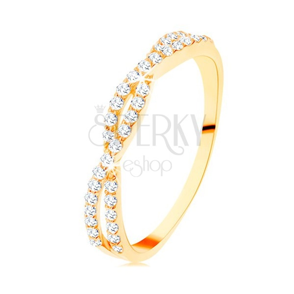 Prsten ve žlutém 14K zlatě - propletené zirkonové vlnky, drobné čiré zirkonky