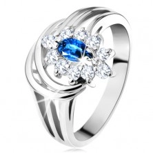 Třpytivý prsten s rozvětvenými rameny, tmavomodrý zirkon, čirá obruba