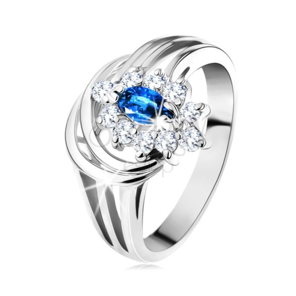 Třpytivý prsten s rozvětvenými rameny, tmavomodrý zirkon, čirá obruba