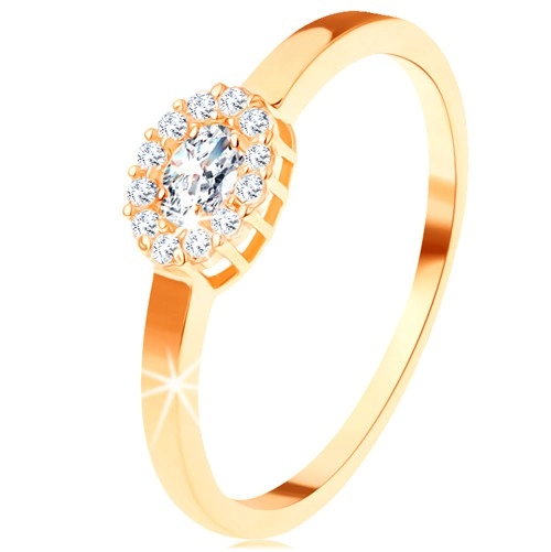 Zlatý prsten 585 - oválný čirý zirkon lemovaný kulatými zirkonky - Velikost: 51