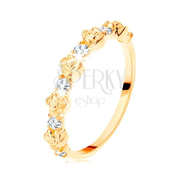 Prsten ze žlutého 14K zlata - střídající se růžičky a kulaté čiré zirkony