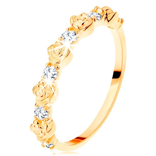 Prsten ze žlutého 14K zlata - střídající se růžičky a kulaté čiré zirkony - Velikost: 57