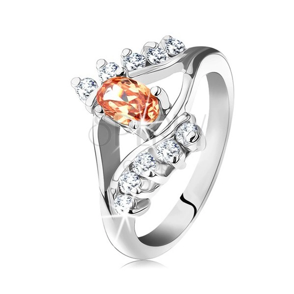 Prsten ve stříbrné barvě s rozdělenými rameny, oranžový ovál, čiré linie zirkonů