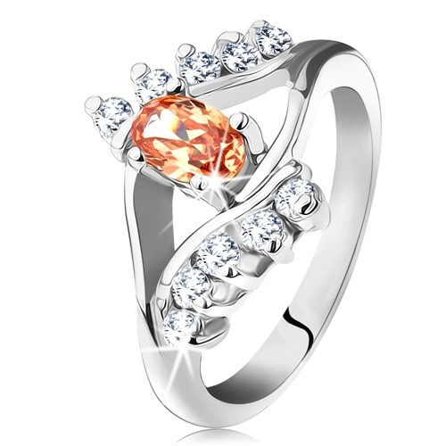 Prsten ve stříbrné barvě s rozdělenými rameny, oranžový ovál, čiré linie zirkonů - Velikost: 52