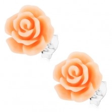 Puzetové náušnice ze stříbra 925, rozkvetlý květ růže v meruňkovém odstínu 