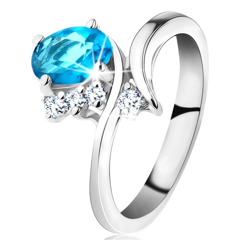 Lesklý prsten ve stříbrné barvě, oválný akvamarínový zirkon, úzká ramena - Velikost: 59