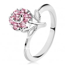 Prsten s blýskavým zirkonovým kvítkem v růžové barvě, úzká lesklá ramena