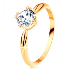 Zlatý zásnubní prsten 585 - zaoblená ramena, zářivý kulatý zirkon čiré barvy